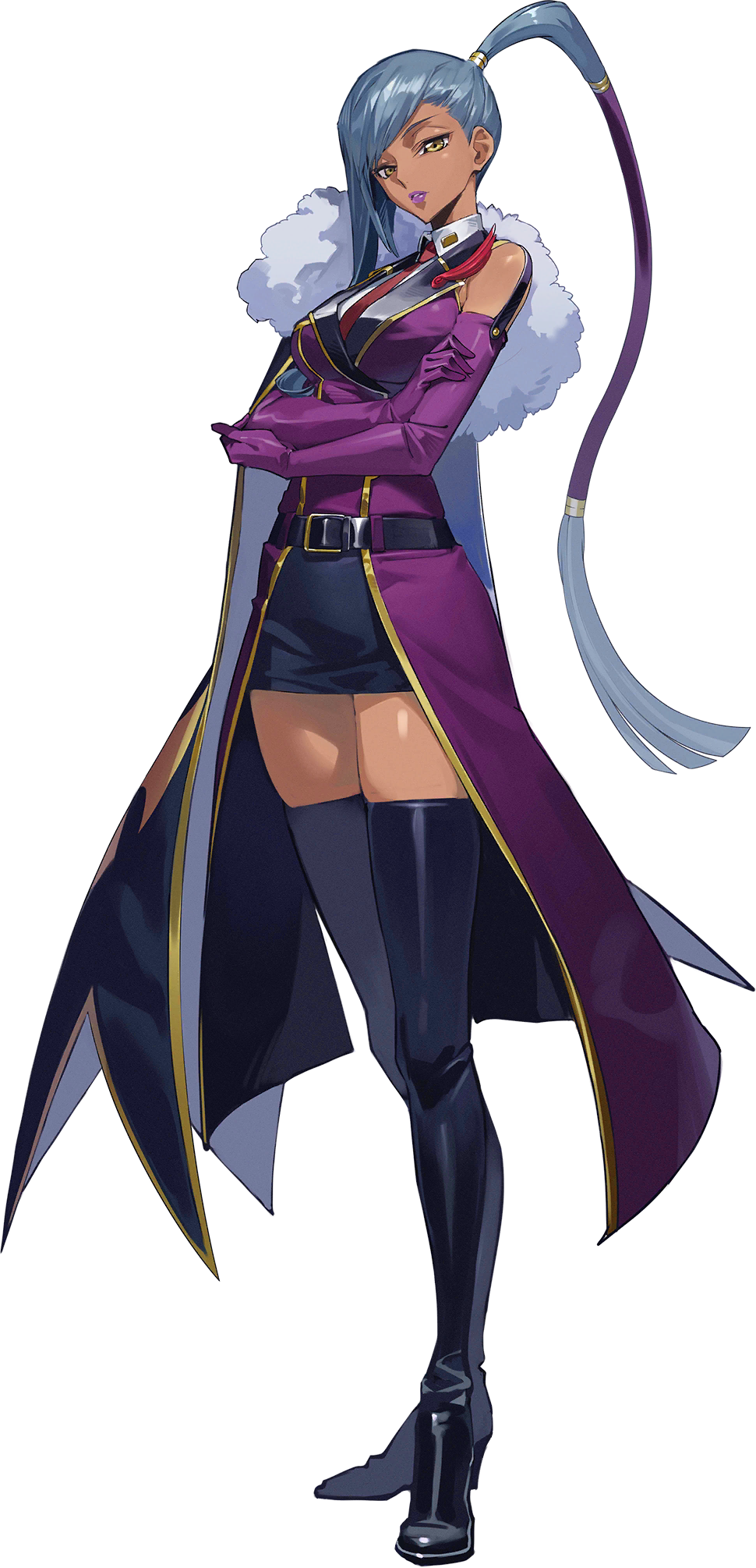 1girl asymmetrical_hair bare_shoulders belt black_skirt black_thighhighs boots breasts buttons cape coat code_geass code_geass:_genesic_re;code collared_shirt covered_navel cropped_legs crossed_legs dark-skinned_female dark_skin dutch_angle elbow_gloves full_body gloves grey_hair hand_up high_side_ponytail highres lapel_pin large_breasts lipstick long_hair looking_at_viewer makeup military_uniform miniskirt necktie official_art on_stool parted_lips pencil_skirt ponytail purple_coat purple_gloves purple_lips red_necktie shirt side_ponytail sidelocks simple_background skirt sleeveless sleeveless_coat sleeveless_shirt solo standing stool teeth thigh_boots thighhighs thighs transparent_background v-shaped_eyebrows very_long_hair villetta_nu white_shirt yellow_eyes zettai_ryouiki
