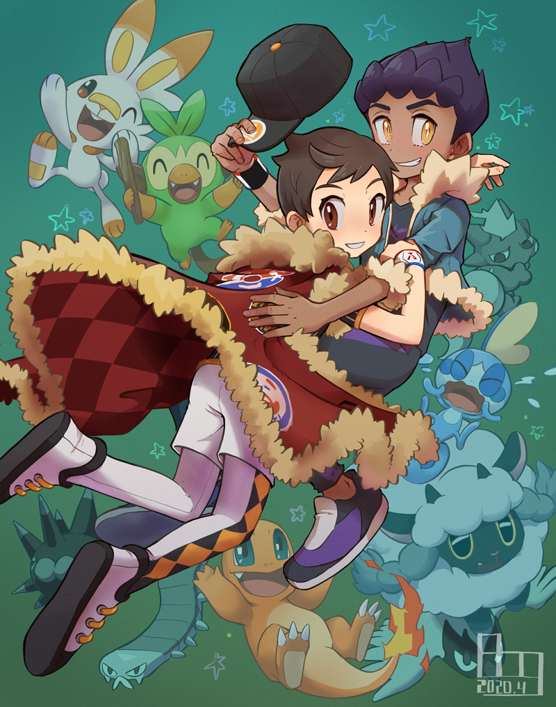 2boys argyle black_pants black_shirt blue_jacket blush bo9_(bo9_nc) bright_pupils brown_eyes brown_hair cape champion_uniform charmander commentary_request dark-skinned_male dark_skin dynamax_band fire flame-tipped_tail fur-trimmed_cape fur-trimmed_jacket fur_trim gen_1_pokemon gen_8_pokemon green_background grookey hat holding holding_unworn_clothes holding_unworn_hat hop_(pokemon) jacket leggings looking_back male_focus multiple_boys nintendo open_clothes open_jacket pants pincurchin pokemon pokemon_(creature) pokemon_swsh purple_hair red_cape rookidee scorbunny shirt shoes short_hair short_sleeves shorts sizzlipede smile sobble star_(symbol) tail teeth three-quarter_sleeves toxel unworn_hat unworn_headwear victor_(pokemon) white_footwear white_legwear white_pupils white_shorts wooloo yellow_eyes