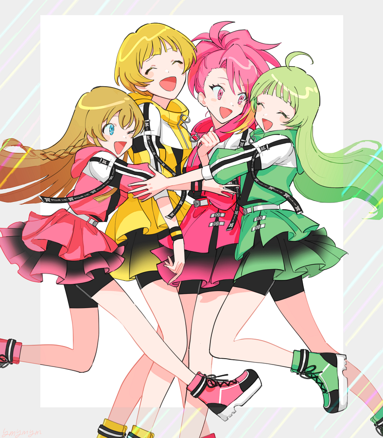 4girls ^ ^_^ ahoge belt bike_shorts bike_shorts_under_skirt blonde_hair blue_eyes blunt_bangs blush border braid breasts brown_hair clenched_hand closed_eyes dot_nose enjoyful!_(&amp;joyful!) floating_hair flower fukuda_noriko green_footwear green_hair green_jacket green_skirt grey_background group_hug hand_up hug idolmaster idolmaster_million_live! idolmaster_million_live!_theater_days jacket jumping kousaka_umi large_breasts leg_up long_hair long_sleeves looking_at_another maihama_ayumu medium_breasts miraclesonic_expassion_(idolmaster) multicolored_hair multiple_girls one_eye_closed open_hand open_mouth outside_border pink_eyes pink_hair pink_jacket pink_shoes pink_skirt pleated_skirt ponytail shimabara_elena shoes short_hair signature skirt smile sneakers standing standing_on_one_leg streaked_hair white_belt yellow_flower yellow_jacket yellow_skirt yumo zipper zipper_pull_tab