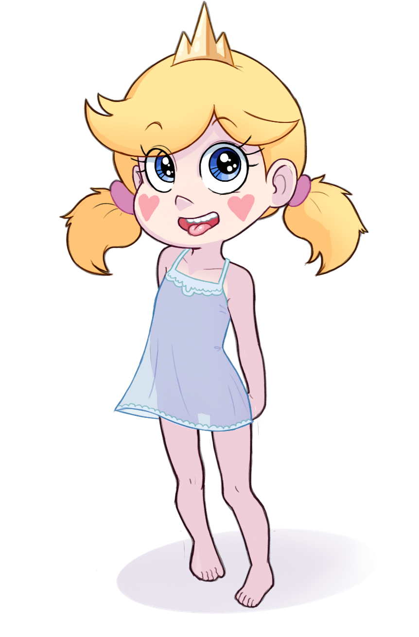 1girl barefoot blonde_hair blue_dress blue_eyes blush collarbone disney dress facial_mark feet female_focus flat_chest full_body haich heart heart_facial_mark heart_on_cheek highres loli looking_at_viewer low_twintails open_mouth see-through_clothes see-through_dress short_hair short_twintails simple_background sleeveless sleeveless_dress smile solo standing star_butterfly star_vs_the_forces_of_evil teeth tiara toes tongue tongue_out twintails uncensored white_background