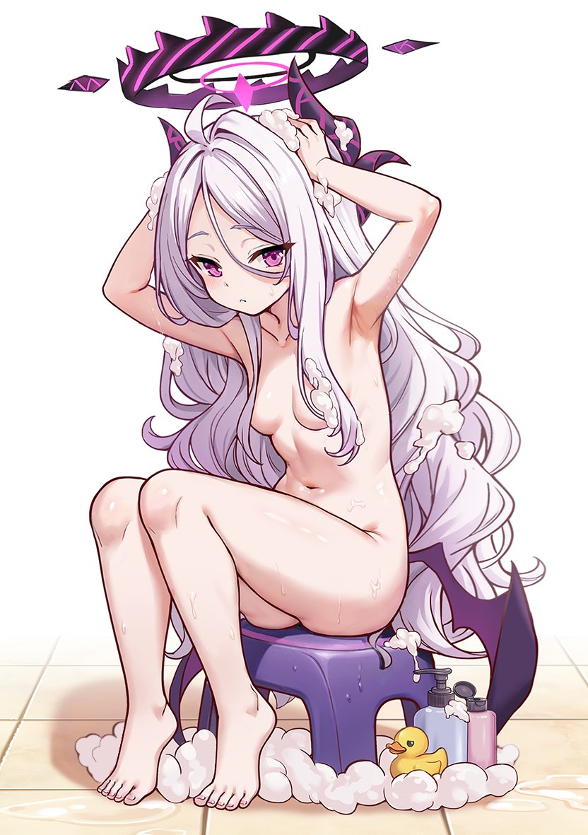 1girl ahoge armpits barefoot blue_archive breasts commentary_request completely_nude demon_girl demon_horns demon_wings hair_censor halo hina_(blue_archive) horns long_hair looking_at_viewer milkshakework navel nude purple_eyes purple_halo rubber_duck sitting small_breasts soap_bottle soap_bubbles solo stomach toes very_long_hair white_hair wings