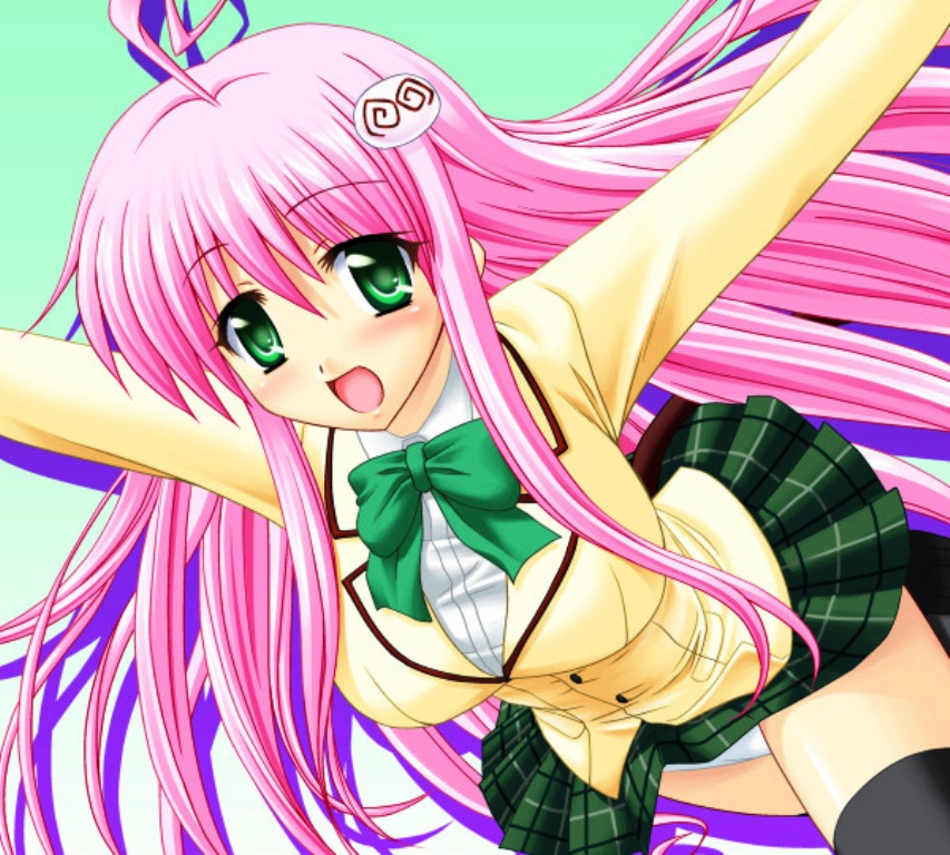 Anime girl pink hair green eyes