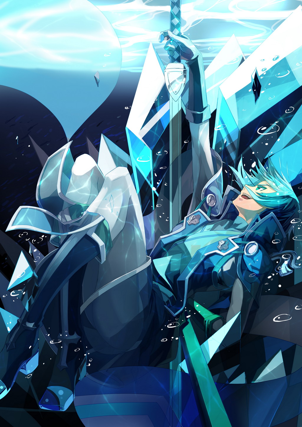 1boy aqua_eyes aqua_hair aqua_theme arc_system_works blazblue blazblue:_calamity_trigger boots bubble coat full_body gloves highres kisaragi_jin male_focus monochrome ootachi pants selenoring smile solo sword bad_tag underwater water weapon