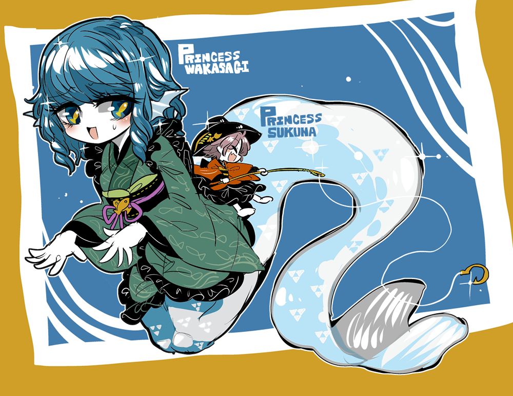 2girls blue_eyes blue_hair dress fins fish hat head_fins hook mermaid monster_girl multiple_girls needle no_shoes pink_hair short_hair sitting sukuna_shinmyoumaru symbol-shaped_pupils touhou wakasagihime yt_(wai-tei)