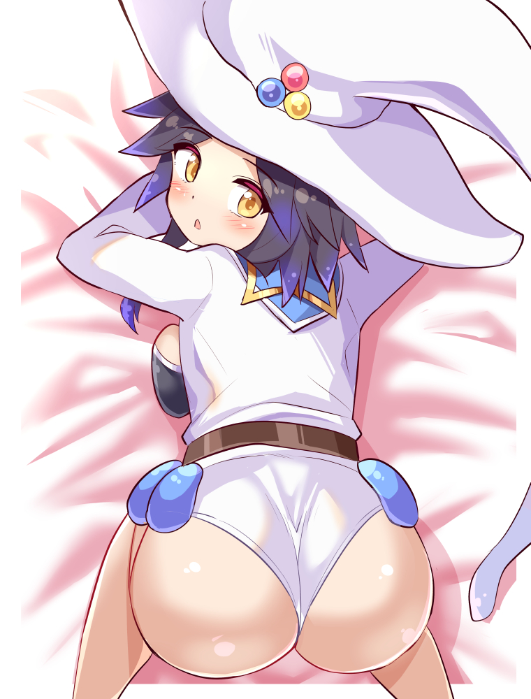 1girl all_fours ass black_hair blue_hair blush breasts cougar_(cougar1404) from_behind gradient_hair hat huge_ass leotard looking_at_viewer medium_breasts multicolored_hair original shiny_clothes shiny_skin short_hair_with_long_locks short_shorts shorts sideboob solo top-down_bottom-up yellow_eyes zelily_(cougar1404)