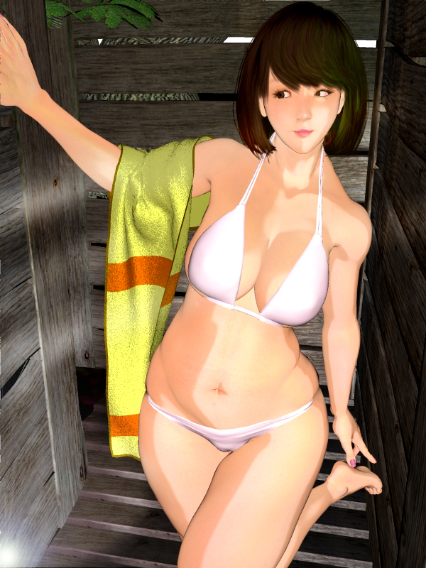 1girl bad_tag barefoot bikini breasts brown_eyes brown_hair cleavage kill_the_king large_breasts lips looking_to_the_side nail_polish navel short_hair solo swimsuit towel white_bikini