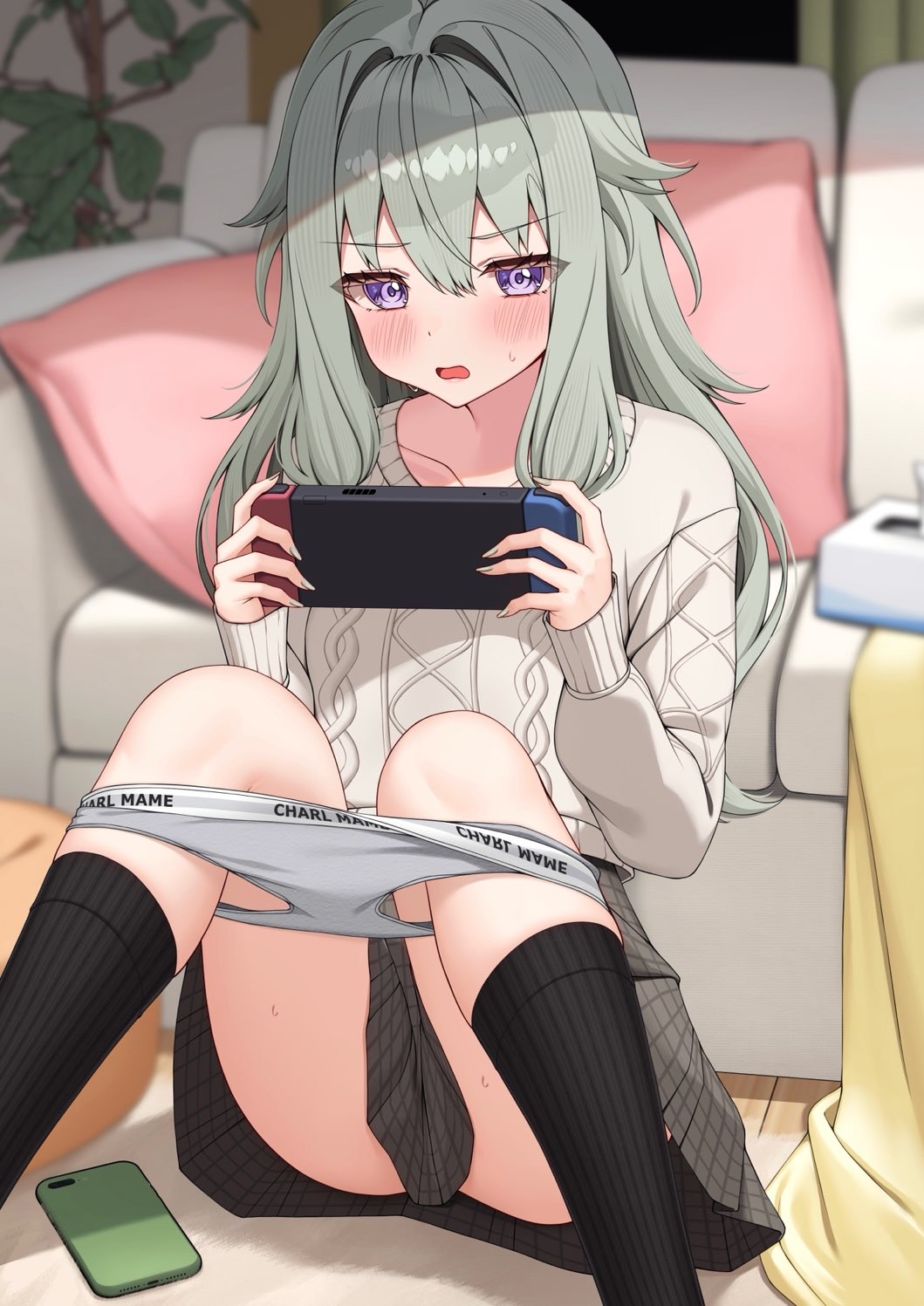 1girl black_socks blurry blurry_background blush cellphone charl2837 choppy_bangs clothes_writing commentary_request couch depth_of_field feet_out_of_frame grey_hair grey_panties grey_skirt grey_sweater hair_between_eyes hair_intakes hair_over_shoulder handheld_game_console highres holding holding_handheld_game_console indoors kneehighs knees_up kusanagi_nene long_bangs long_hair long_sleeves looking_at_viewer m_legs miniskirt nintendo_switch on_floor open_mouth panties panty_pull phone pleated_skirt project_sekai purple_eyes ribbed_socks sitting skirt smartphone socks solo sports_panties spread_legs sweat sweater underwear underwear_writing v-shaped_eyebrows variant_set
