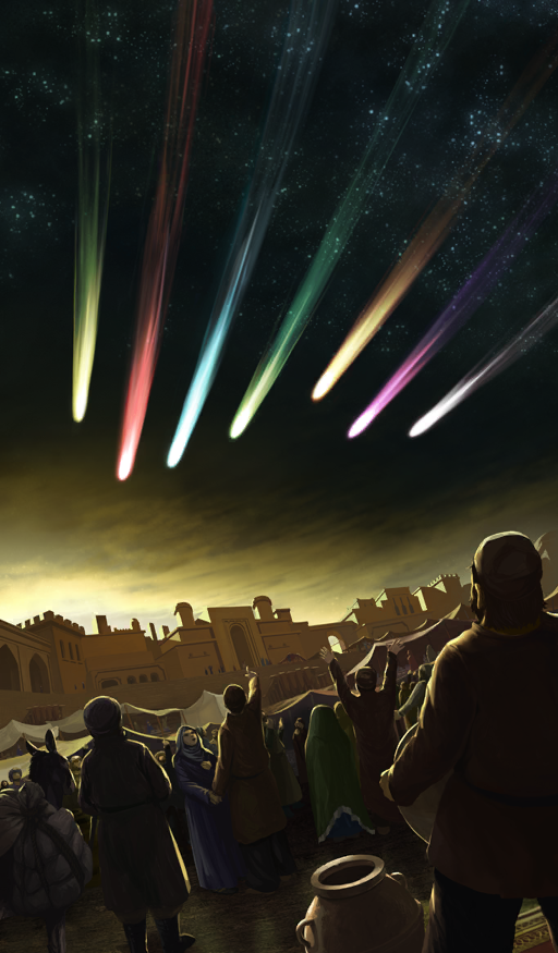 commentary dawn donkey fate/grand_order fate_(series) hands_up lasengle middle_eastern_architecture multiple_boys multiple_girls official_art pointing sky sky_focus star_(sky) starry_sky sunrise third-party_source