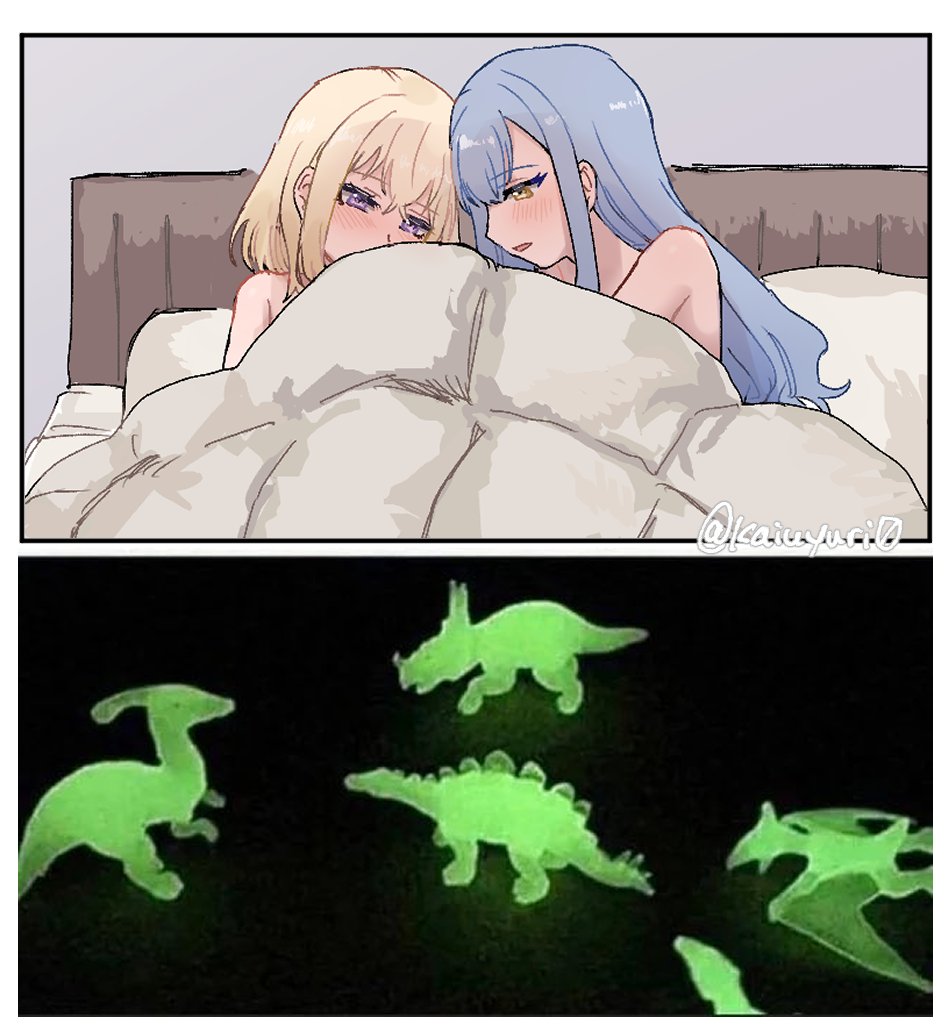 2girls bang_dream! bang_dream!_it's_mygo!!!!! blonde_hair blue_hair blush come_under_the_blanket_(meme) commentary_request long_hair meme misumi_uika multiple_girls nude on_bed parted_lips penguinbu pillow purple_eyes togawa_sakiko toy_dinosaur twitter_username under_covers yellow_eyes yuri