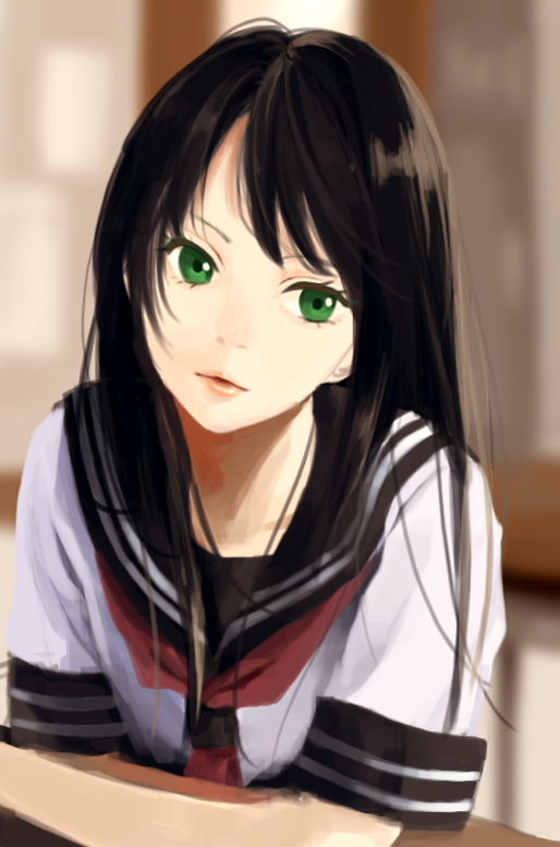 Black haired green eyed anime girl