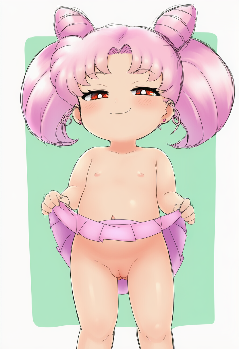 1girl bishoujo_senshi_sailor_moon blush chibi_usa closed_mouth clothes_lift collarbone cowboy_shot earrings flat_chest functionally_nude gluteal_fold green_background grey_background half-closed_eyes jewelry loli looking_at_viewer naughty_face nipples no_panties pink_hair pleated_skirt pussy puyopopper red_eyes short_hair simple_background skirt skirt_lift smile solo standing twintails uncensored