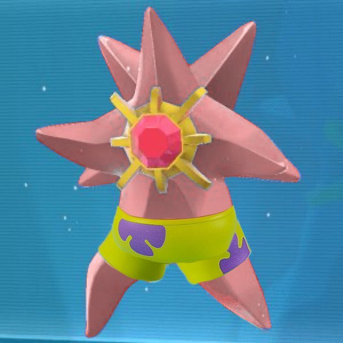 3d cosplay full_body fusion gem gen_1_pokemon look-alike male_swimwear mega_pokemon mega_starmie nintendo no_humans patrick_star patrick_star_(cosplay) pokemon pokemon_(creature) pokemon_focus pokemon_legends:_z-a red_gemstone spongebob_squarepants_(series) starmie upper_body what