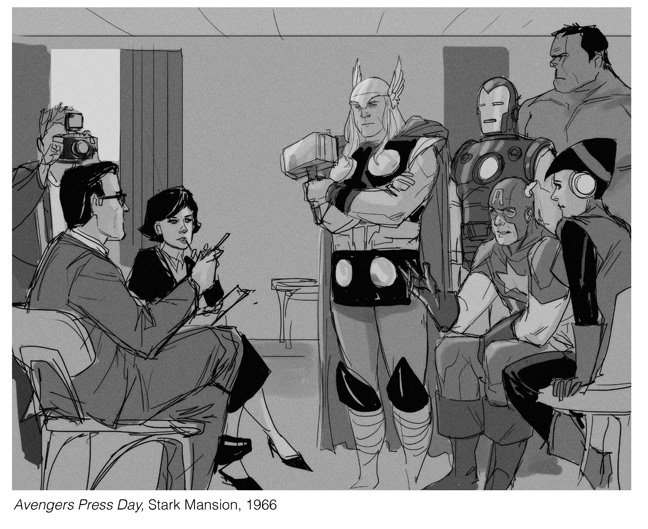 2girls 6+boys armor avengers_(series) border captain_america caption curtains english_text faux_retro_artstyle gloves greyscale indoors iron_man janet_van_dyne marvel monochrome multiple_boys multiple_girls phil_noto power_armor retro_artstyle sitting spandex star_(symbol) steve_rogers superhero_costume talking thor_(marvel) tony_stark wasp white_border window