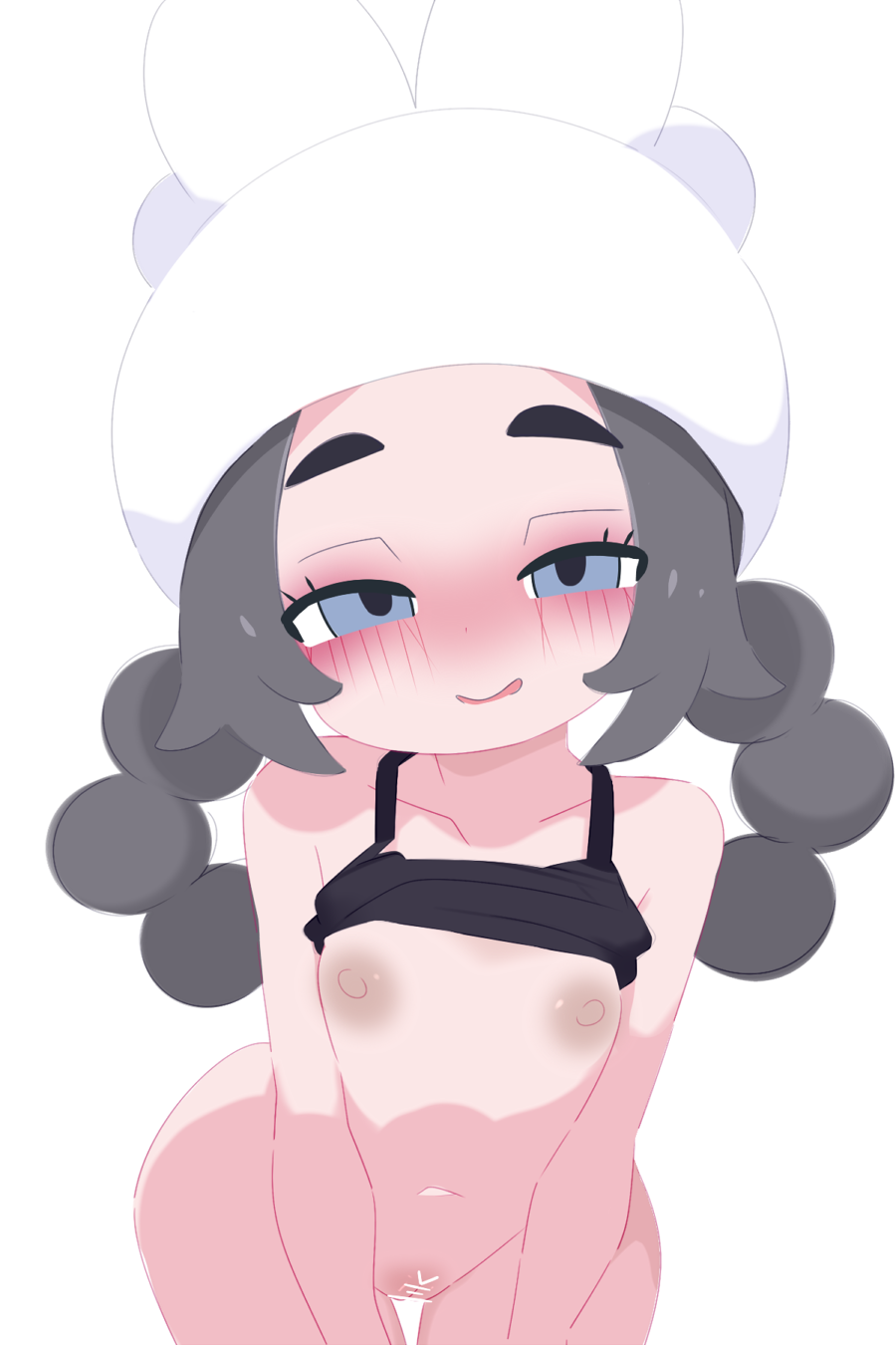 1girl ansha_(pokemon) bar_censor black_hair black_shirt blue_eyes blush bottomless braid censored clothes_lift collarbone flat_chest functionally_nude hat heart heart_censor kukuchi581 leaning_forward loli long_hair looking_at_viewer mesugaki navel nintendo nipples open_mouth pokemon pokemon_legends:_z-a pussy shirt shirt_lift smile standing tank_top twin_braids white_background white_hat wide_hips