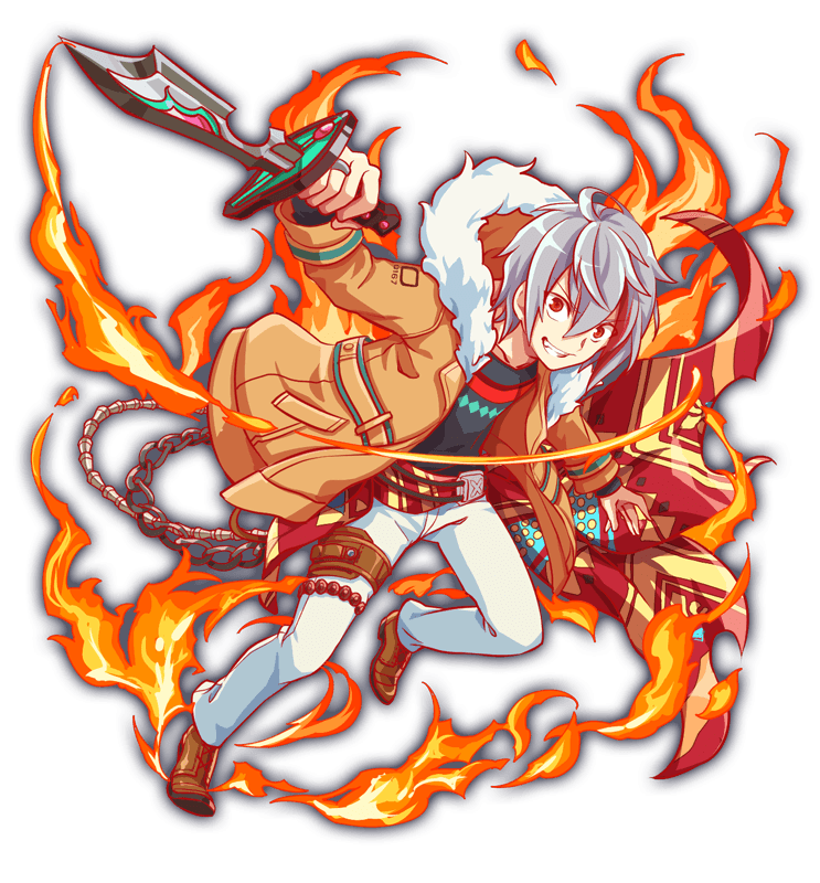 1boy artist_request belial_(crash_fever) black_shirt black_sleeves brown_footwear cel_shading chain collarbone collared_jacket crash_fever fire food full_body fur-trimmed_hood fur_collar fur_trim game_cg grey_hair holding holding_knife hood hooded_jacket jacket jewelry knife leg_up long_sleeves looking_at_viewer male_focus number_print numbered official_art orange_hood orange_jacket orange_sleeves outline pants pocket red_eyes red_outline ring shirt simple_background sleeve_cuffs smile solo square square_print tachi-e teeth thigh_strap transparent_background white_pants