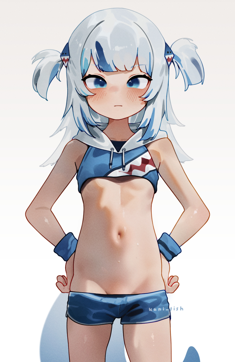1girl blue_eyes blush female_focus fins fish_tail flat_chest gawr_gura hair_ornament hololive hololive_english hood hoodie kani_fish legs loli long_hair looking_at_viewer navel shark_girl shark_hair_ornament shark_tail short_shorts short_twintails shorts solo standing stomach tail thighs twintails virtual_youtuber white_background