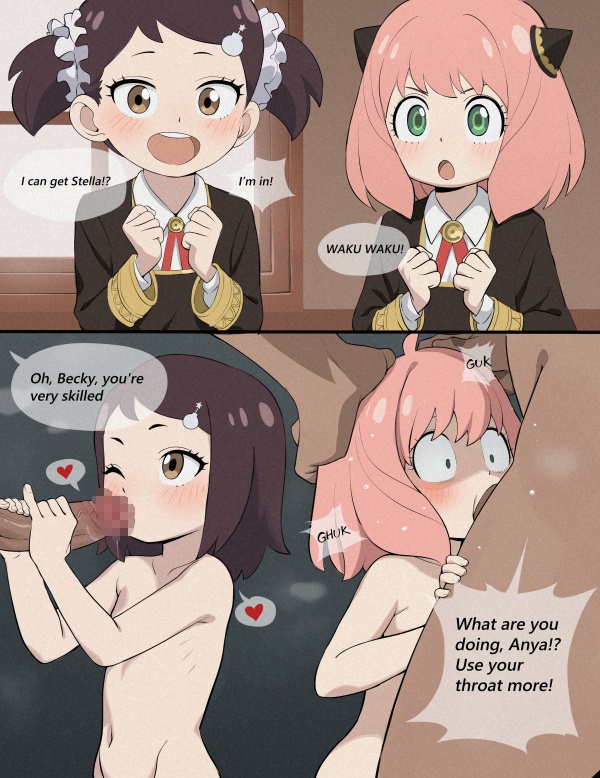 2boys 2girls :d age_difference anya_(spy_x_family) becky_blackbell black_hair brown_eyes censored comic completely_nude constricted_pupils deepthroat eden_academy_school_uniform english_text excited fellatio green_eyes group_sex heart hetero irrumatio loli mangamaster medium_hair multiple_boys multiple_girls nude open_mouth oral orgy pink_hair ribs school_uniform short_twintails smile spoken_heart spy_x_family teeth twintails upper_teeth_only