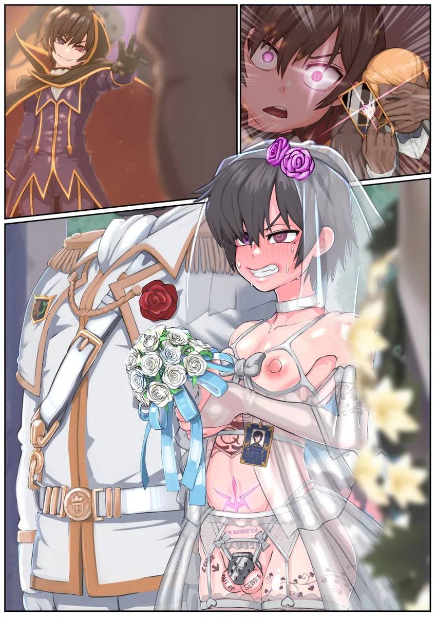 2boys black_hair body_writing bridal_veil chastity_cage code_geass crossdressing dress english_text flat_chastity_cage highres hypnosis lelouch_vi_britannia male_bride mind_control multiple_boys pink_eyes puffy_nipples small_chastity_cage tagme veil wedding_dress