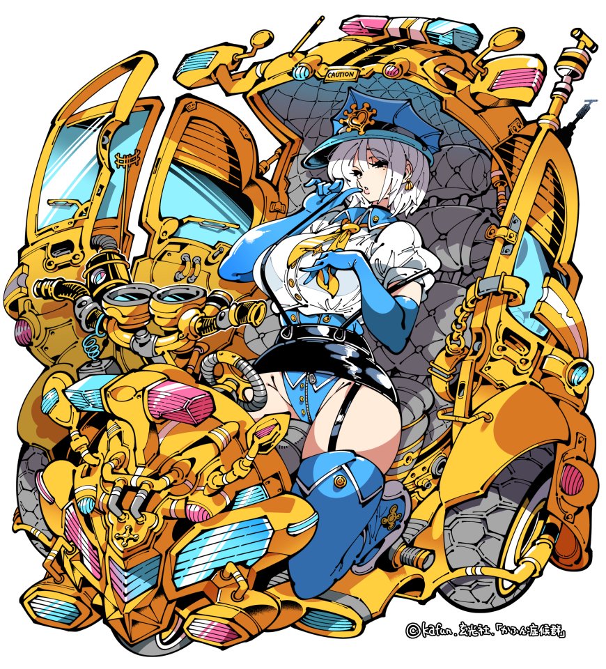 1girl black_eyes boots breasts cuffs detached_sleeves earrings full_body garter_straps gold handcuffs hat huge_breasts jewelry kafun latex motor_vehicle motorcycle original panties police police_hat police_uniform policewoman shirt sitting skirt thighhighs underwear white_hair zipper