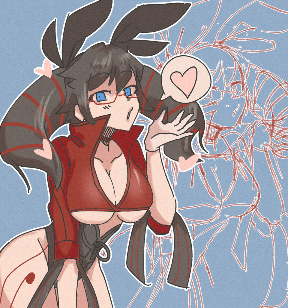 archived_source black_hair black_horns black_leotard black_ribbon blowing_kiss blue_background blue_eyes breasts capsule_servant center_opening cleavage clothing_cutout commentary different_zoom_layer dyo_(dobusuto) fate_(series) glasses hair_between_eyes hair_ribbon hand_up hatching_(texture) heart high_collar horns large_breasts leg_tattoo leotard linear_hatching lineart looking_at_viewer multicolored_leotard outline red-framed_eyewear red_leotard revealing_clothes ribbon semi-rimless_eyewear short_hair sidelocks sleeve_ribbon spoken_heart tattoo to-saka tohsaka_rin two-tone_leotard underboob underboob_cutout white_outline