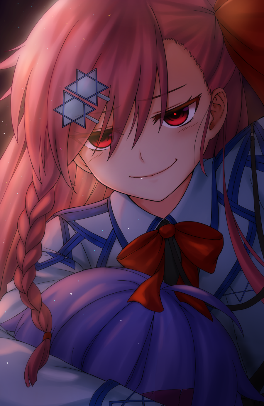 1girl asymmetrical_hair black_background blush bow braid chien_zero bad_tag closed_mouth collared_jacket eyes_visible_through_hair female_focus girls'_frontline gloves grey_shirt hair_between_eyes hair_bow hair_ornament hair_ribbon hairclip half-closed_eyes half_updo hexagram highres israel jacket light_particles long_hair long_sleeves looking_at_viewer negev_(girls'_frontline) one_side_up pink_hair red_bow red_eyes ribbon shirt simple_background smile solo star_of_david tsurime white_gloves white_jacket