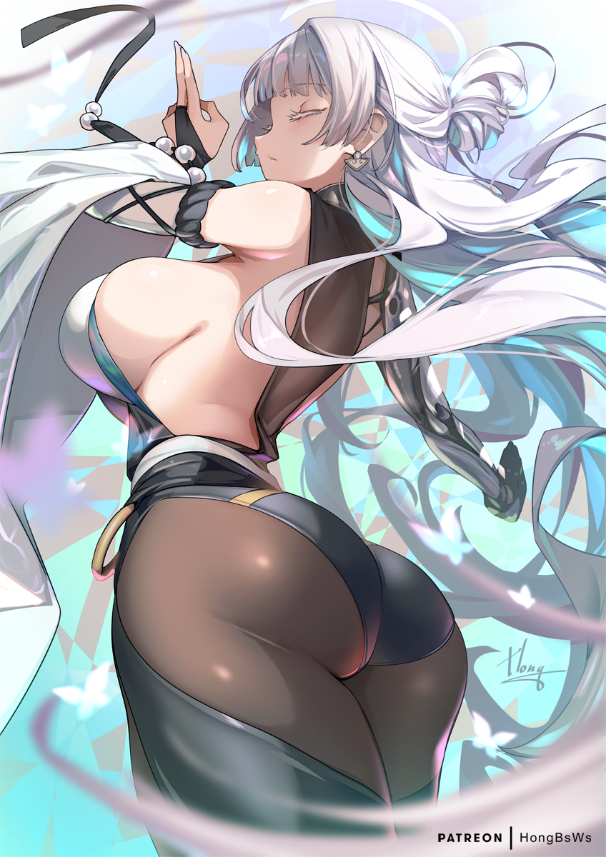 1girl artist_name ass bare_shoulders black_pantyhose breasts closed_eyes closed_mouth earrings fine_fabric_emphasis from_behind goddess_of_victory:_nikke hand_up highres hong_(white_spider) jewelry large_breasts long_hair mechanical_arms mechanical_hands nayuta_(nikke) pantyhose patreon_username sideboob single_mechanical_arm single_mechanical_hand solo thighs white_hair