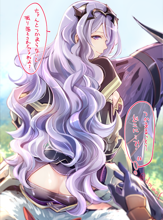 1girl ass breasts butt_crack camilla_(fire_emblem) dorimoif dragon fire_emblem fire_emblem_fates long_hair looking_at_viewer looking_back miyuki_ruria nintendo pov purple_eyes purple_hair sideboob skindentation speech_bubble takumi_(fire_emblem) thought_bubble tiara wavy_hair wyvern