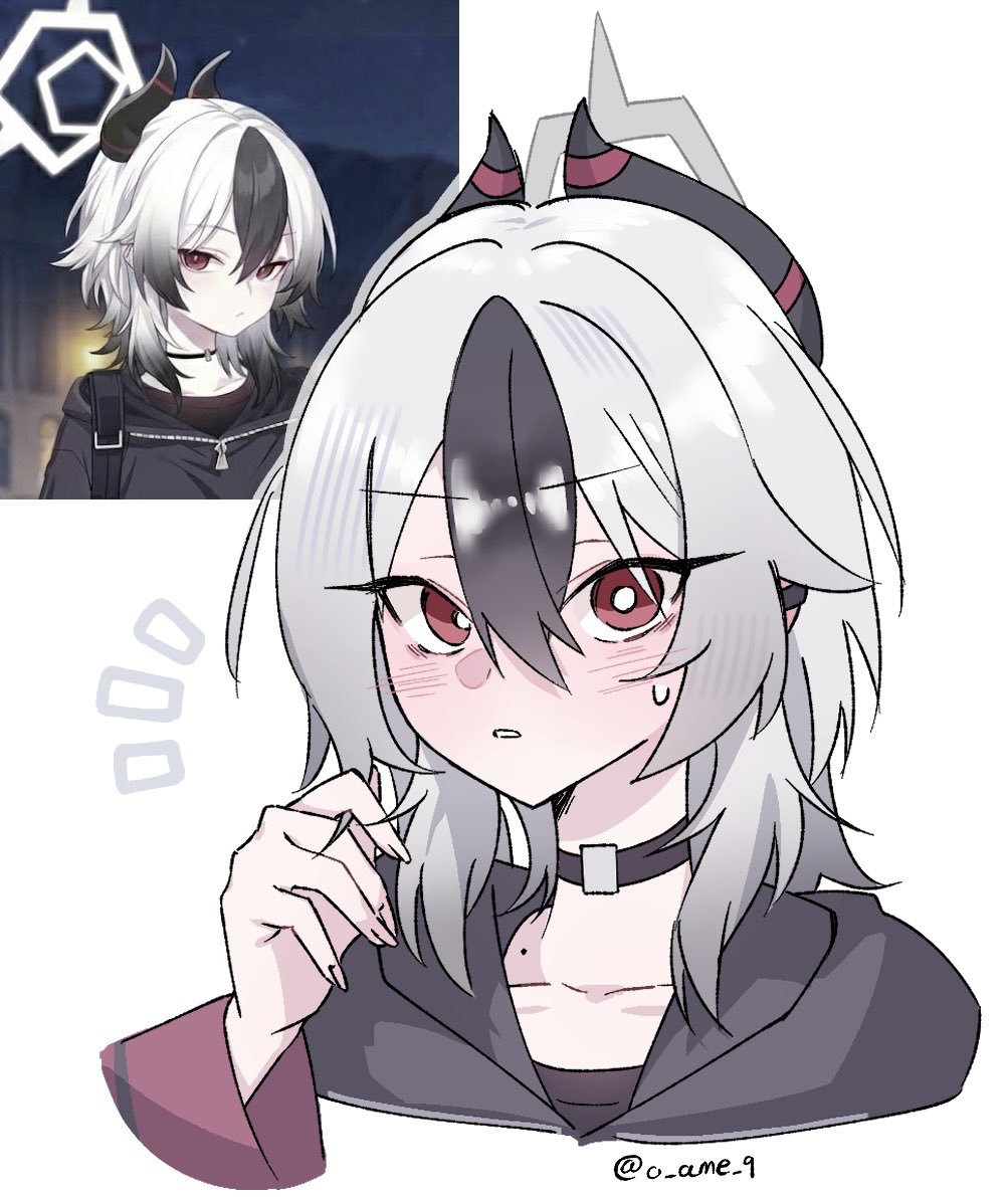 1girl alternate_hairstyle black_choker black_hair black_hoodie blue_archive blush bright_pupils choker close-up demon_horns grey_hair halo hoodie horns kayoko_(blue_archive) medium_hair mole mole_on_neck multicolored_hair o_ame_9 red_eyes reference_inset solo sweat twitter_username two-tone_hair white_background white_pupils wolf_cut
