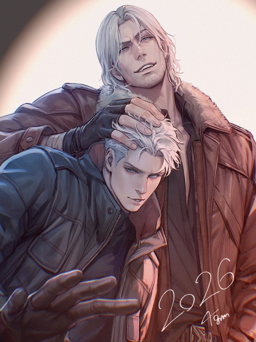 black_shirt blue_eyes breast_pocket coat commentary_request dante_(devil_may_cry) devil_may_cry_(series) facial_hair jacket left-handed long_sleeves looking_at_viewer male_focus nero_(devil_may_cry) open_clothes open_coat open_jacket parted_hair pocket red_coat red_jacket shirt t4gamo unzipped upper_body white_hair zipper