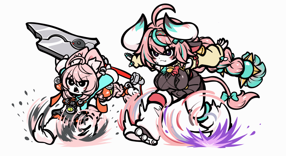 2girls ahoge animal_ears animated animated_gif braid breasts commentary_request cow_ears cow_girl cow_horns cow_tail crossover genshin_impact holding holding_sword holding_weapon horns korean_commentary large_breasts long_hair looping_animation multiple_girls outstretched_arms pink_hair rabbit_ears rabbit_girl running simple_background sword tail trait_connection twin_braids uncolorcube varesa_(genshin_impact) weapon wheel_o_feet white_background zenless_zone_zero zhao_(zenless_zone_zero)