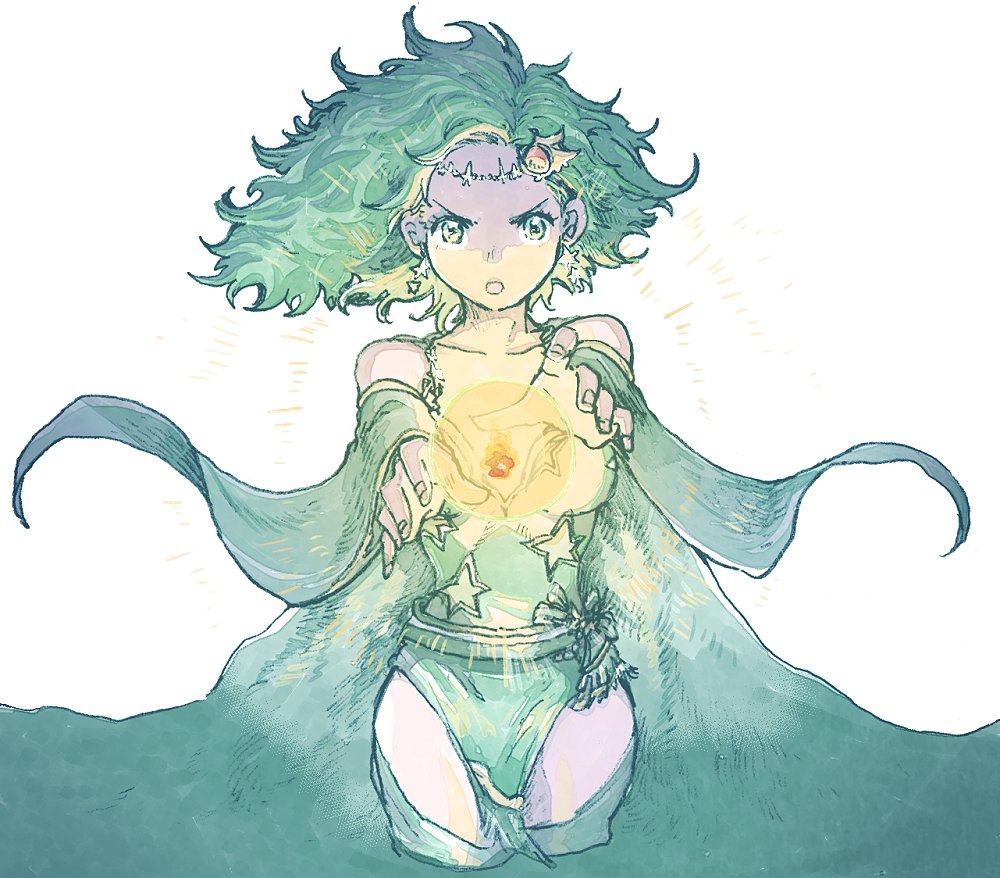 1girl bare_shoulders cape circlet cowboy_shot cropped_legs detached_sleeves final_fantasy final_fantasy_iv furrowed_brow green_cape green_hair green_leotard green_sleeves leotard looking_at_viewer magic medium_hair michibata_65 open_mouth rydia_(adult)_(ff4) rydia_(ff4) solo white_background