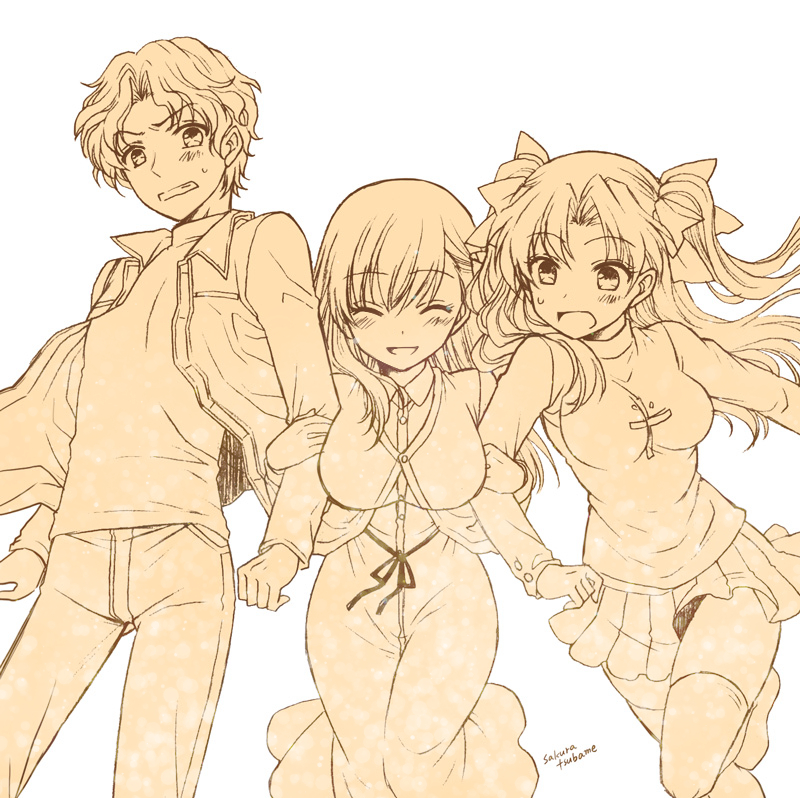 1boy 2girls blouse brother_and_sister dress eyes_closed fate/stay_night fate_(series) hair_ribbon heaven's_feel jacket locked_arms long_hair matou_sakura matou_shinji multiple_girls pleated_skirt ribbon sakura_tsubame shirt short_hair siblings sisters skirt smile sweater thighhighs tohsaka_rin turtleneck turtleneck_sweater twintails two_side_up wavy_hair