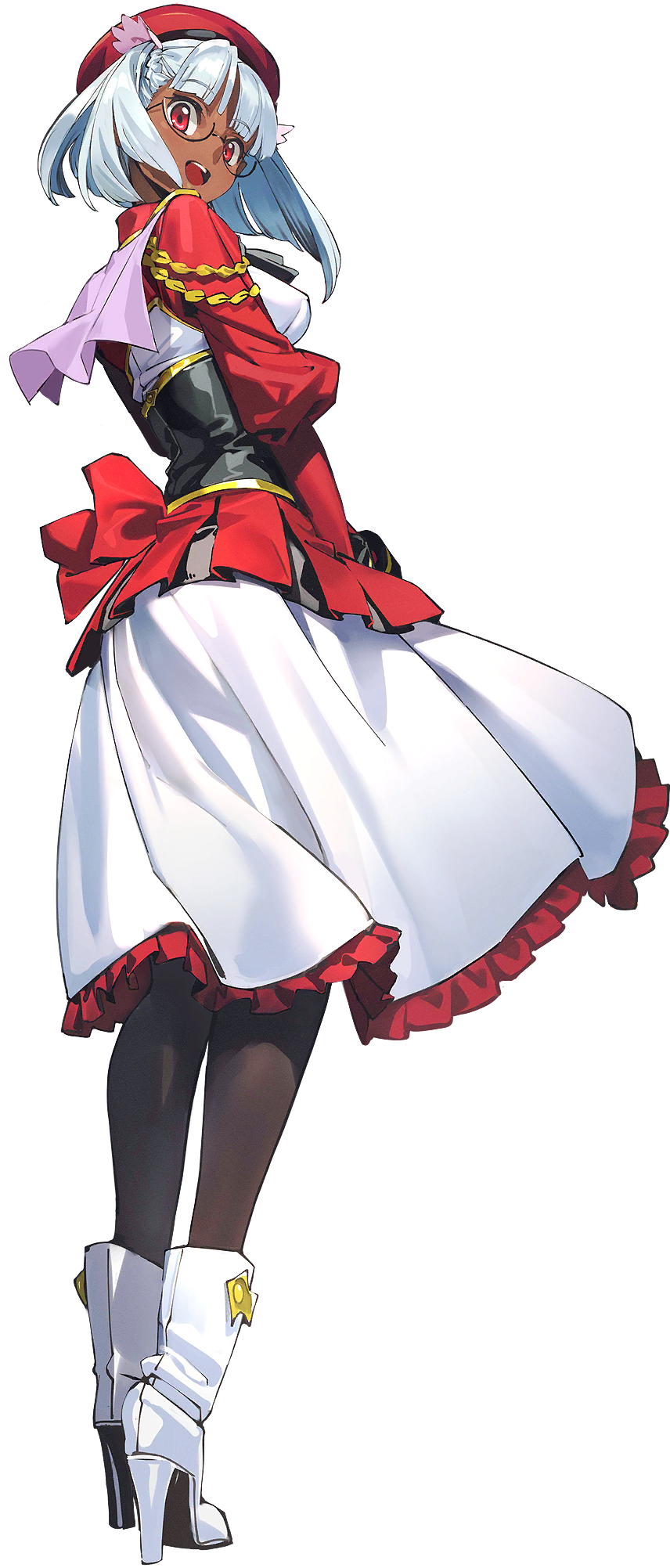 1girl black_necktie blush boots breasts code_geass code_geass:_genesic_re;code code_geass:_soubou_no_oz dark-skinned_female dark_skin full_body glasses hat highres long_sleeves looking_at_viewer looking_back medium_breasts military_uniform necktie official_art open_mouth red_eyes red_hat red_ribbon red_skirt ribbon shirt short_hair skirt smile solo toto_thompson white_boots white_hair white_shirt