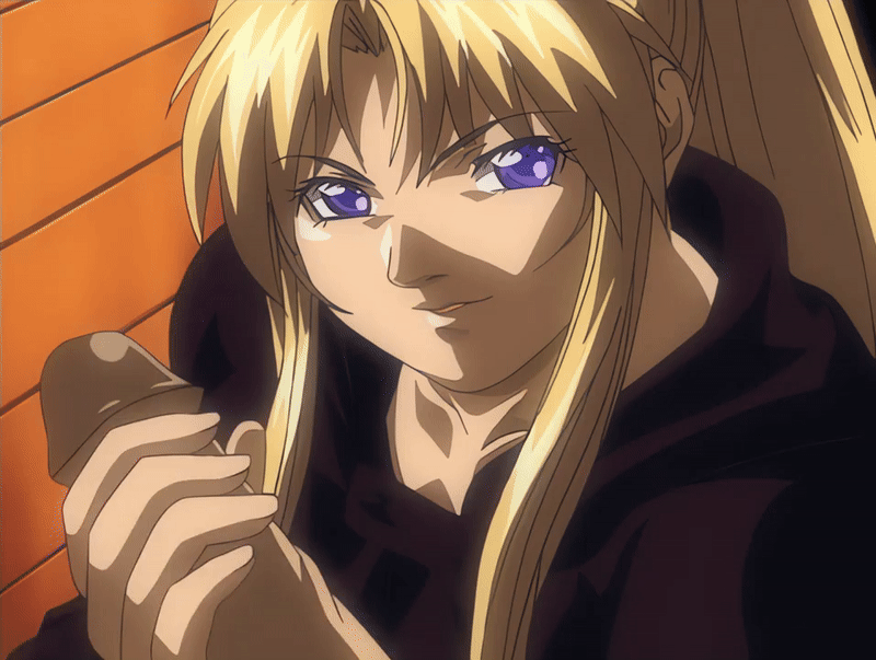 00s 1boy 1girl 2002 animated animated_gif bible_black bible_black_night_of_the_walpulgiss blonde_hair handjob hetero high_ponytail large_penis long_hair penis penis_grab ponytail purple_eyes robe saeki_kaori smirk tagme uncensored