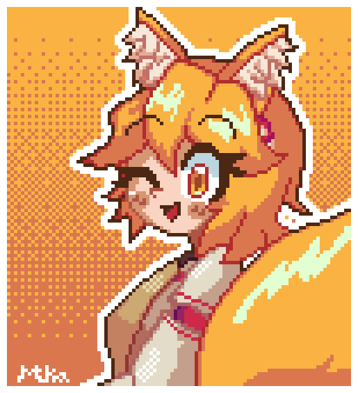 1girl animal_ears bad_tag blonde_hair flower fox_ears fox_girl fox_tail from_side hair_flower hair_ornament japanese_clothes kimono miks381 one_eye_closed open_mouth outline pixel_art red_flower senko_(sewayaki_kitsune_no_senko-san) sewayaki_kitsune_no_senko-san signature solo tail upper_body white_kimono white_outline yellow_background yellow_eyes