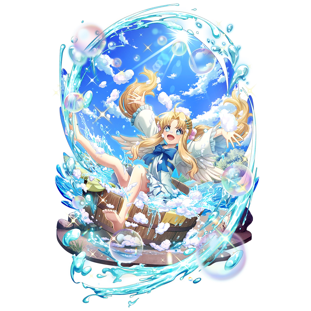1girl :d arms_up artist_request bare_legs barefoot bird_girl bird_wings blonde_hair blue_bow blue_dress blue_eyes blue_sky bow chest_bow child cloud cloudy_sky curtained_hair day dress feathered_wings filo_(tate_no_yuusha_no_nariagari) floating_hair foam frilled_dress frilled_sleeves frills full_body game_cg hair_floating_upwards hair_ornament happy in_washtub long_hair long_sleeves looking_at_viewer medium_dress official_alternate_hairstyle official_art open_mouth outdoors outstretched_arms sitting sky smile soap_bubbles solo sparkle splashing spread_fingers sun sunlight tate_no_yuusha_no_nariagari tate_no_yuusha_no_nariagari_rerise transparent_background twintails two-tone_dress washtub white_dress white_wings wings