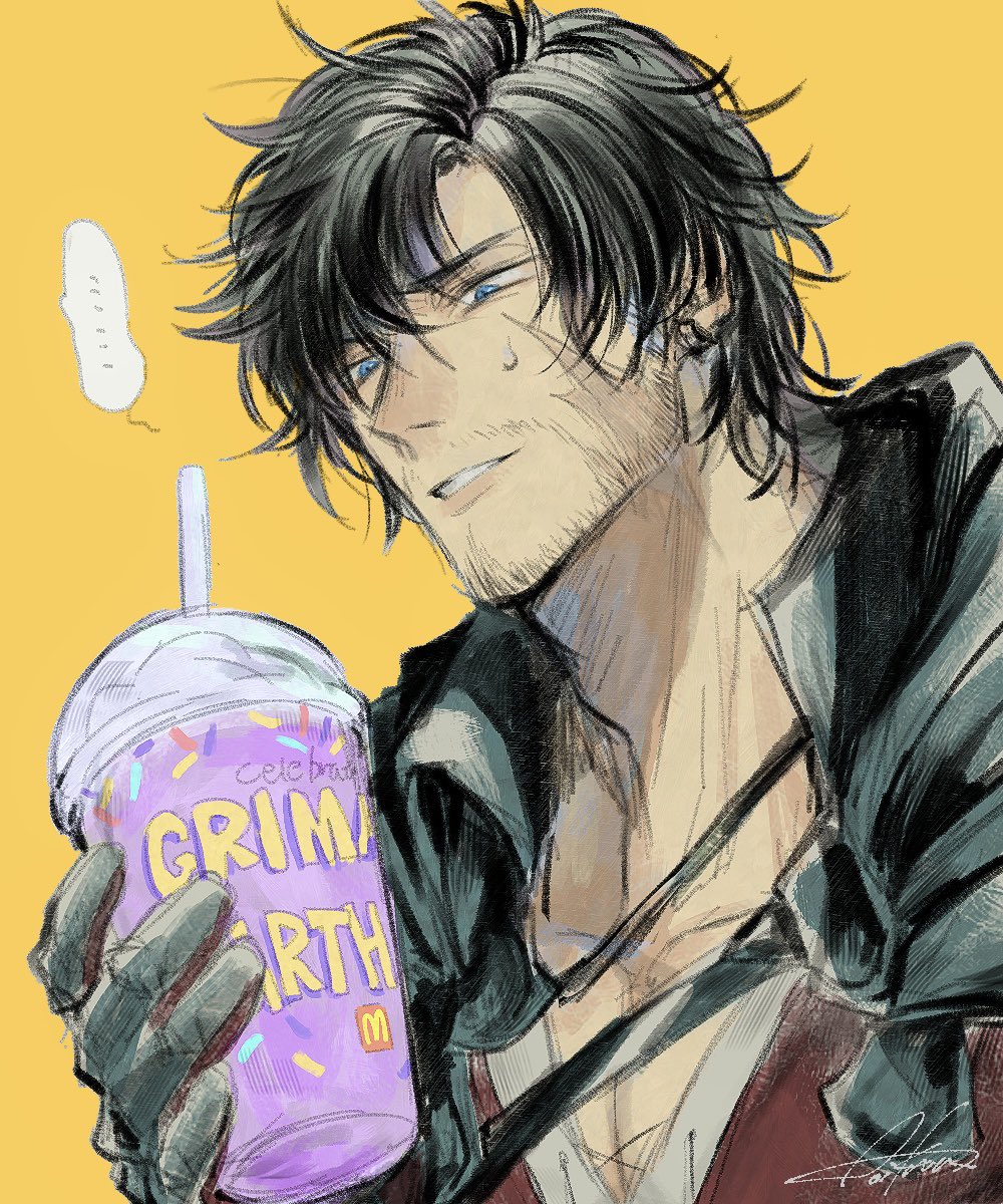 1boy aoikura artist_name beard black_gloves black_hair blue_eyes clive_rosfield cup english_text engrish_text facial_hair final_fantasy final_fantasy_xvi gloves grimace_shake_(meme) hair_between_eyes highres holding holding_cup male_focus mcdonald's meme muscular open_clothes parted_lips pectoral_cleavage pectorals ranguage red_shirt scar scar_on_face shirt short_hair signature simple_background solo speech_bubble stubble sweatdrop teeth upper_body yellow_background