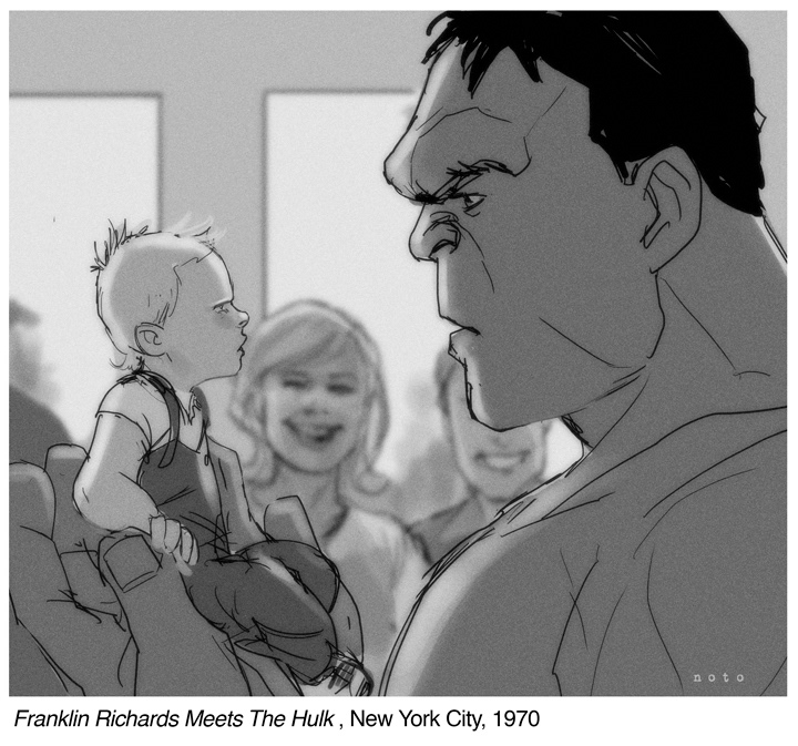 1girl 3boys avengers_(series) black_hair blurry blurry_background border bruce_banner caption child english_text fantastic_four faux_retro_artstyle franklin_richards greyscale hulk human_torch johnny_storm marvel monochrome multiple_boys perplexed phil_noto photo_(object) staring sue_storm topless_male white_border