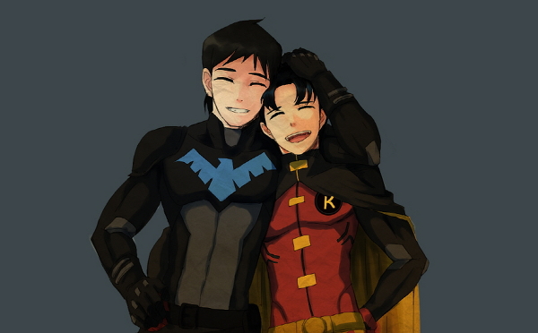 2boys batman_(series) black_hair bodysuit brothers cape dc_comics dick_grayson family jason_todd male_focus millgam multiple_boys nightwing pixiv_sample resized robin_(dc) siblings smile young_justice young_justice:_invasion