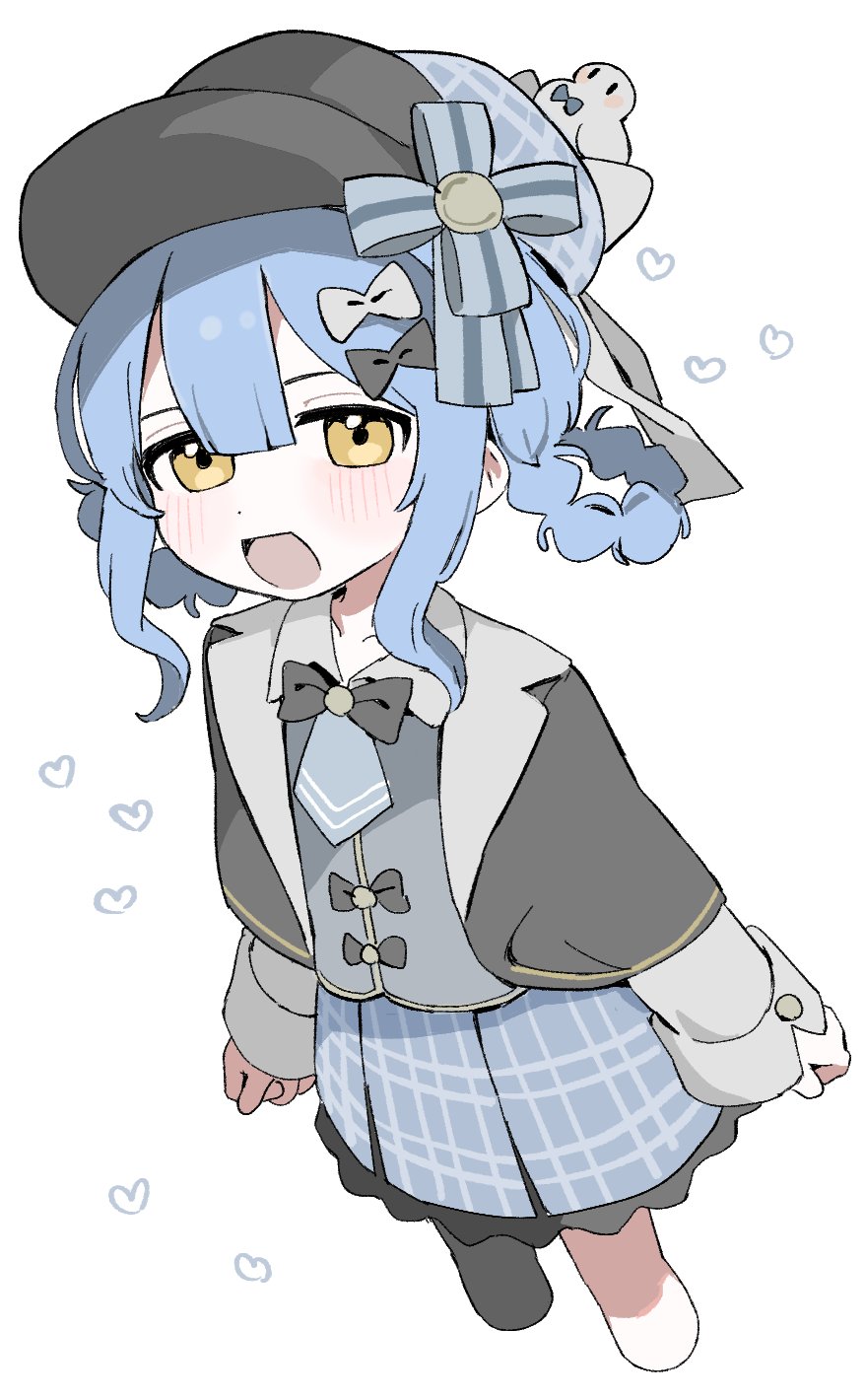 1girl bird_hat_ornament black_bow black_bowtie black_hat blue_hair blue_skirt blush bow bowtie braid braided_hair_rings commentary_request cropped_legs deerstalker hair_bow hair_rings hat heart highres kunoichi_kazuhito_(kuno_kazu) long_sleeves looking_at_viewer mahou_shoujo_no_majo_saiban medium_hair open_mouth plaid_clothes plaid_skirt sidelocks simple_background skirt solo tachibana_sherry white_background white_bow yellow_eyes
