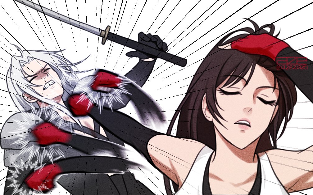 1boy 1girl armor azezazel bare_shoulders black_coat black_hair black_sleeves clenched_teeth closed_eyes coat collarbone commentary detached_sleeves earrings emphasis_lines english_commentary final_fantasy final_fantasy_vii final_fantasy_vii_remake gloves grey_hair hand_in_own_hair hand_on_own_head holding holding_sword holding_weapon jewelry jujutsu_kaisen long_hair masamune_(ff7) meme motion_blur naoya_hitting_choso_without_looking_(meme) parody parted_bangs parted_lips pink_lips punching rapid_punches red_gloves sephiroth shoulder_armor signature single_earring sword tank_top teeth tifa_lockhart twitter_username upper_body weapon white_tank_top