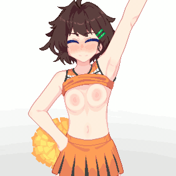 1girl animated animated_gif blush bouncing_breasts breasts brown_hair cheerleader closed_eyes closed_mouth clothes_lift collarbone commentary_request facing_viewer hair_ornament hairclip hanekenomichi-chan holding holding_pom_poms hurumero medium_breasts navel nipples nose_blush open_mouth orange_shirt orange_skirt original paid_reward_available parallel_hairclips pom_pom_(cheerleading) pom_poms shirt shirt_lift short_hair simple_background skirt sleeveless sleeveless_shirt solo white_background