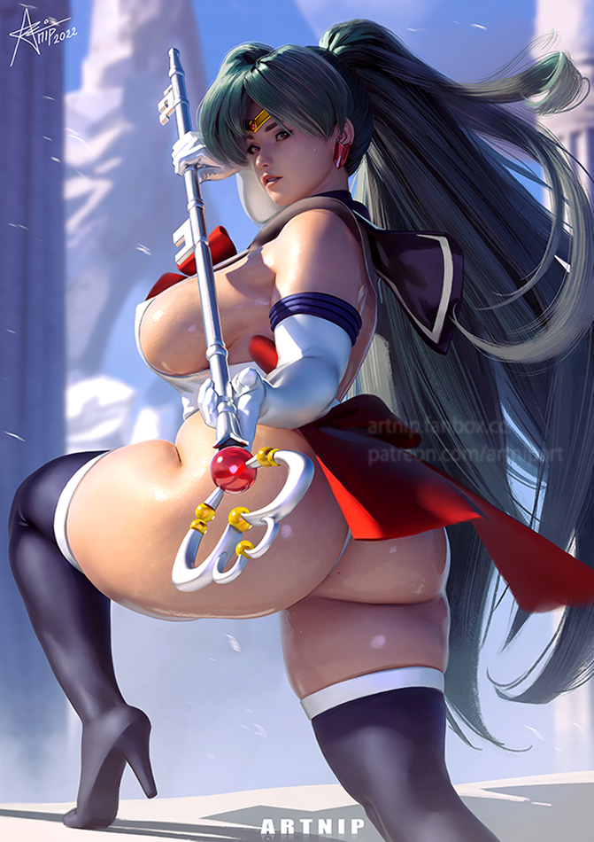 1girl artnip ass bishoujo_senshi_sailor_moon breasts gloves green_hair holding holding_staff large_breasts leotard long_hair looking_back meiou_setsuna ponytail ribbon sailor_pluto solo staff thick_thighs thighhighs thighs very_long_hair