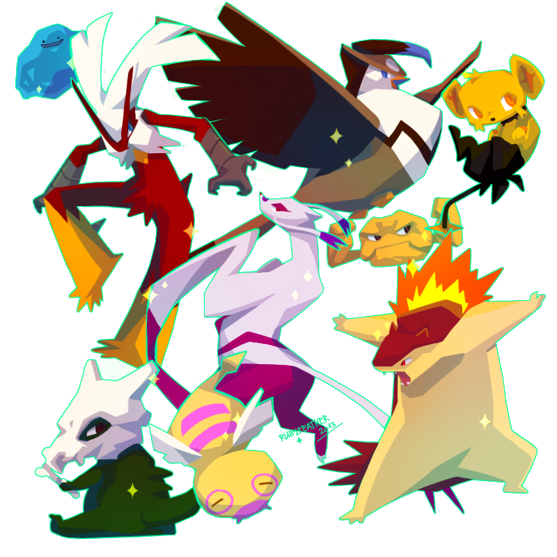 alternate_color black_eyes blaziken blue_eyes brown_eyes closed_mouth cubone cyndaquil ditto dunsparce dynamic_pose empty_eyes feathered_wings flying gen_1_pokemon gen_2_pokemon gen_3_pokemon gen_4_pokemon gen_5_pokemon geodude green_outline looking_down looking_to_the_side mienshao nintendo open_mouth orange_eyes outline pokemon pokemon_(creature) red_eyes ruby_feather shinx shiny_pokemon signature solid_circle_eyes solid_eyes sparkle staraptor tail transparent_background wings