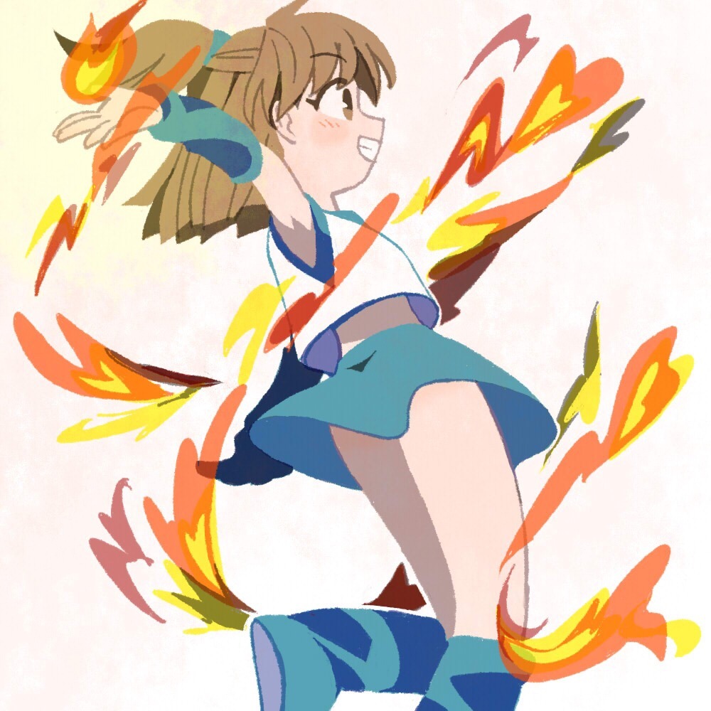 1girl arle_nadja blue_boots blue_eyes blue_skirt boots brown_eyes brown_hair casting_spell fire grin looking_ahead madou_monogatari midriff_peek miniskirt ponytail puyopuyo pyrokinesis shirt simple_background skirt smile solo tanba_(tanba-art) white_background white_shirt wristband