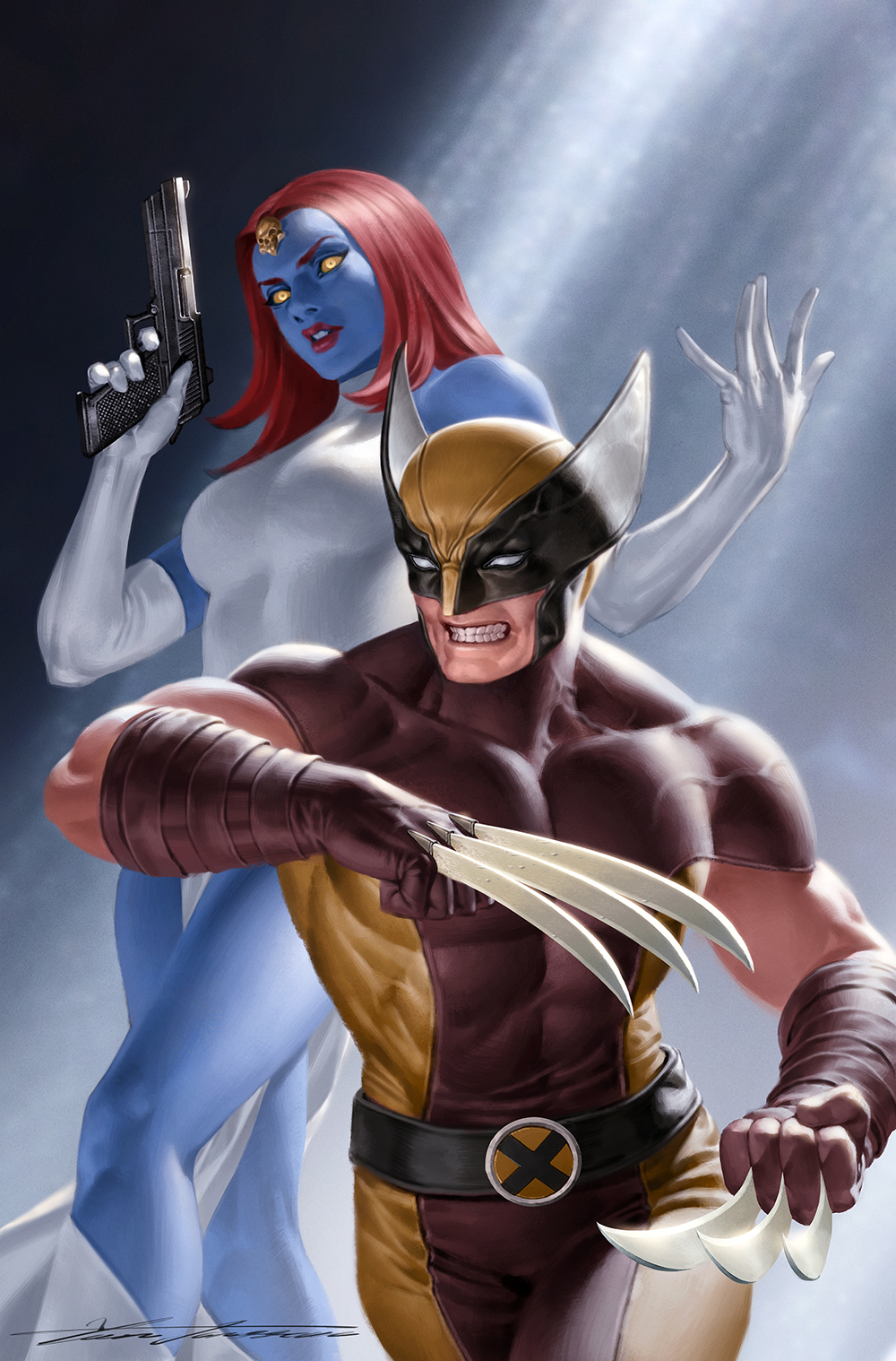 1boy 1girl blue_skin bodysuit boots brown_bodysuit brown_gloves claw_(weapon) clenched_teeth colored_sclera colored_skin comic_cover commentary covered_pectorals cowboy_shot cowl dress elbow_gloves english_commentary gloves grey_background gun handgun highres holding holding_gun holding_weapon long_hair looking_at_viewer marvel multicolored_bodysuit muscular muscular_male mystique official_art parted_lips pectorals red_hair red_lips signature superhero_costume teeth two-tone_bodysuit weapon white_boots white_dress white_gloves wolverine_(x-men) x-men yellow_bodysuit yellow_eyes yellow_sclera yoon_junggeun