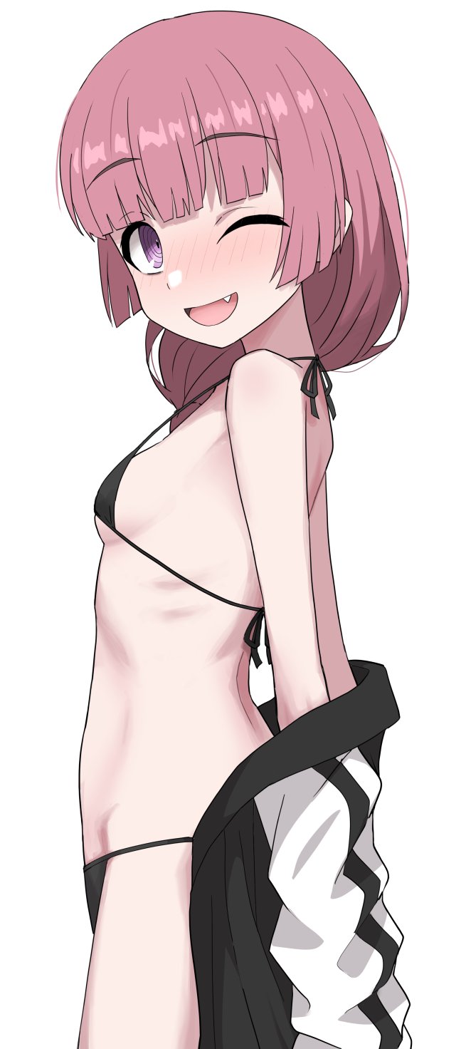 1girl ;d arms_behind_back bare_shoulders bikini black_bikini blunt_bangs blush bocchi_the_rock! breasts clothes_down cowboy_shot fang from_side halulu highres hiroi_kikuri jacket loli long_hair looking_at_viewer looking_to_the_side one_eye_closed open_clothes open_jacket open_mouth pink_hair purple_eyes simple_background small_breasts smile solo swimsuit tareme turning_head white_background