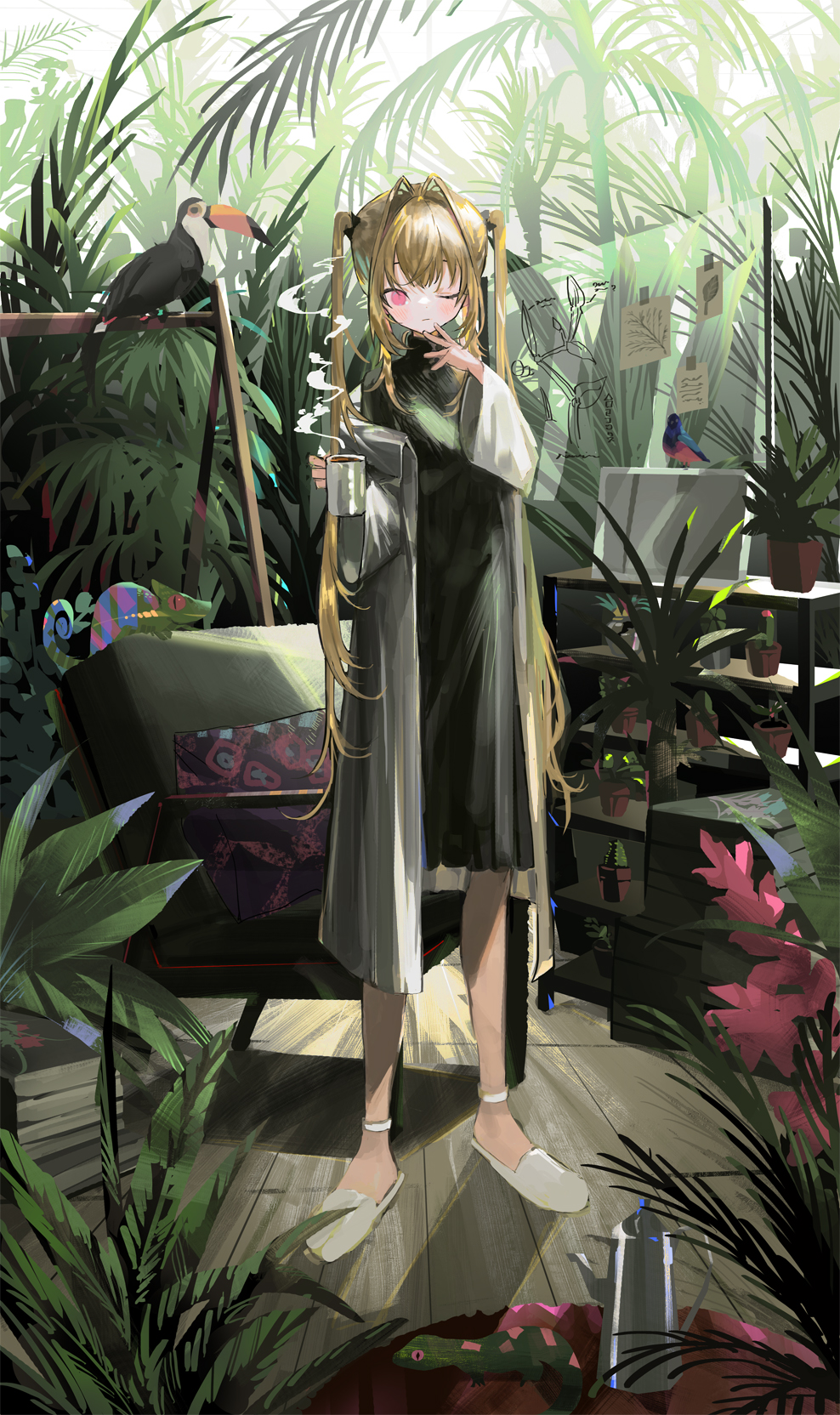 1girl anklet bird black_nightgown blonde_hair blush book book_stack chair chameleon closed_mouth commentary_request covering_own_mouth crossed_bangs cup flower full_body gecko hair_between_eyes hand_over_own_mouth highres holding holding_cup jewelry looking_at_viewer mori_kei nana_tetra nightgown no_pupils one_eye_closed open_clothes open_robe original pink_eyes plant robe shadow shelf sidelocks solo standing sunlight teapot toucan white_robe wooden_floor