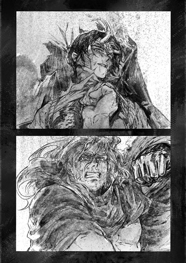 2boys armor beard black_border border breastplate broken_horn brothers clenched_teeth cloak clothes_grab commentary crying crying_with_eyes_open dirty dirty_face facial_hair fake_horns grabbing_another's_shirt greyscale horned_headwear horns imminent_punch loki_(marvel) long_hair looking_at_another lying male_focus marvel monochrome multiple_boys muscular muscular_male on_back scale_armor short_hair siblings siciyuanbianmu sketch tears teeth thor_(marvel) thor_(marvel)_(series)