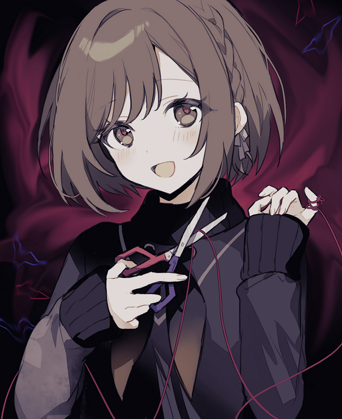 1girl :d bob_cut braid brown_eyes brown_hair commentary_request fingernails holding holding_scissors long_sleeves looking_at_viewer open_mouth project_sekai qi7pi scissors shinonome_ena short_hair single_braid smile solo string sweater turtleneck turtleneck_sweater upper_body